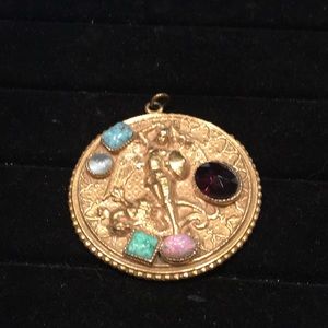 Vintage Brass Medallion with gemstones of St. George slaying the Dragon